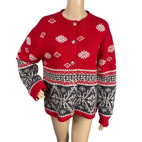 Eddie Bauer Sweaters - Eddie Bauer Fair Isle Nordic Ski Red Gray Wool Alpaca Cardigan SZ M
